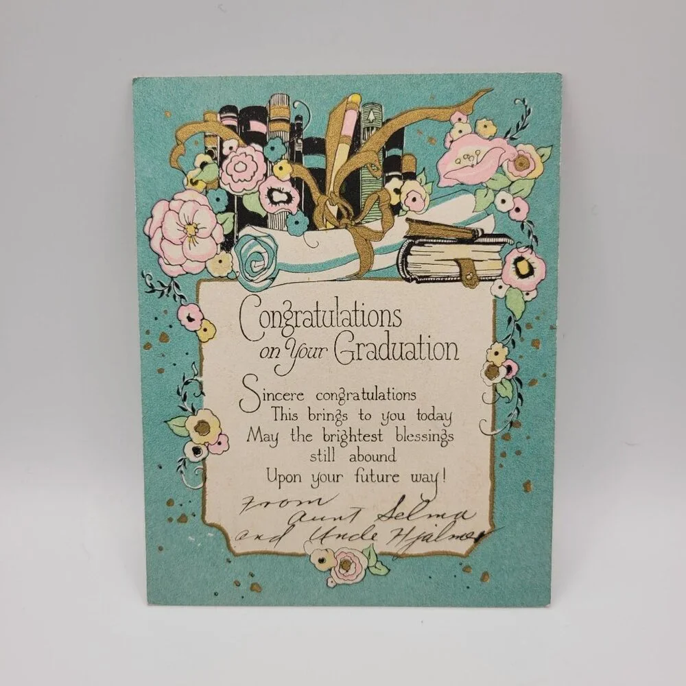 Vintage Graduation Card Floral Gold Inspirational Congratulations USA Scrapbook
